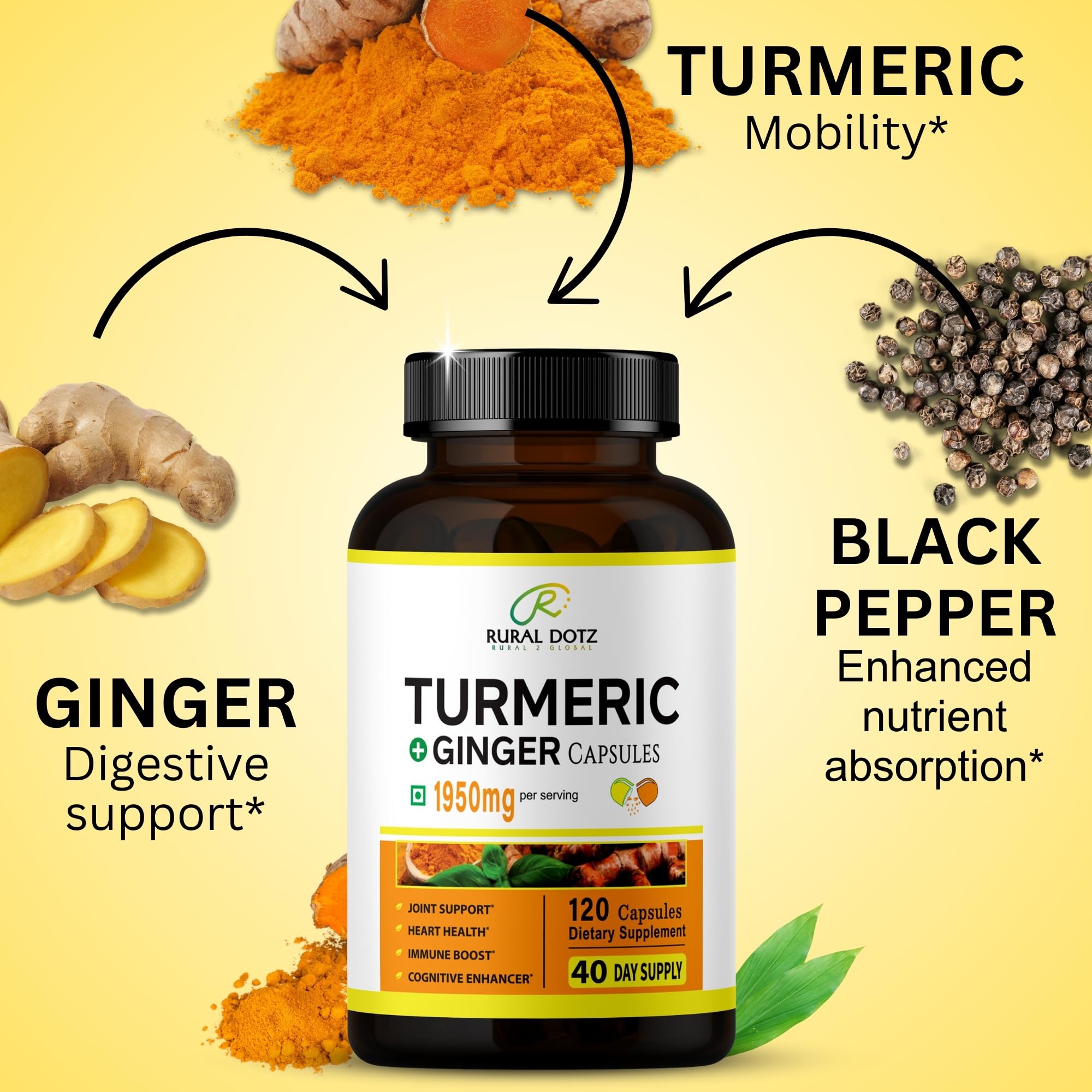 Rural Dotz Turmeric Curcumin label highlights 1950mg and 95% curcuminoids.