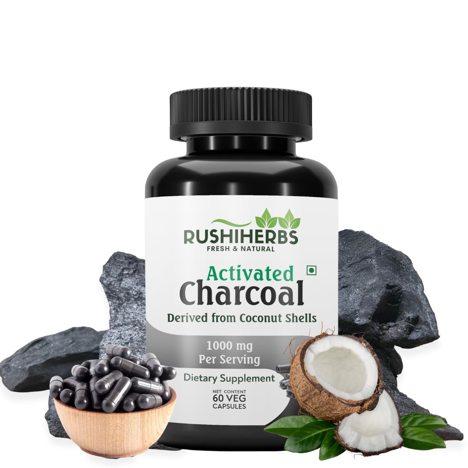 RUSHIHERBS Activated Charcoal 500mg bottle on a shelf supports digestive comfort.