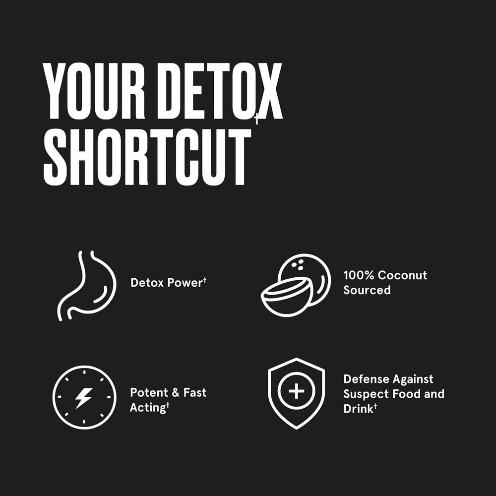 RUSHIHERBS Activated Charcoal bottle label reveals coconut-shell origin.