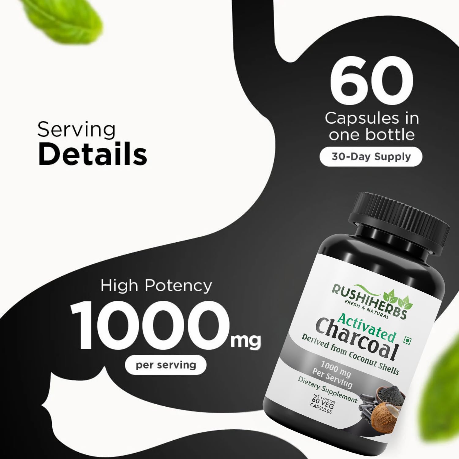RUSHIHERBS Activated Charcoal box and bottle with freshness seal.