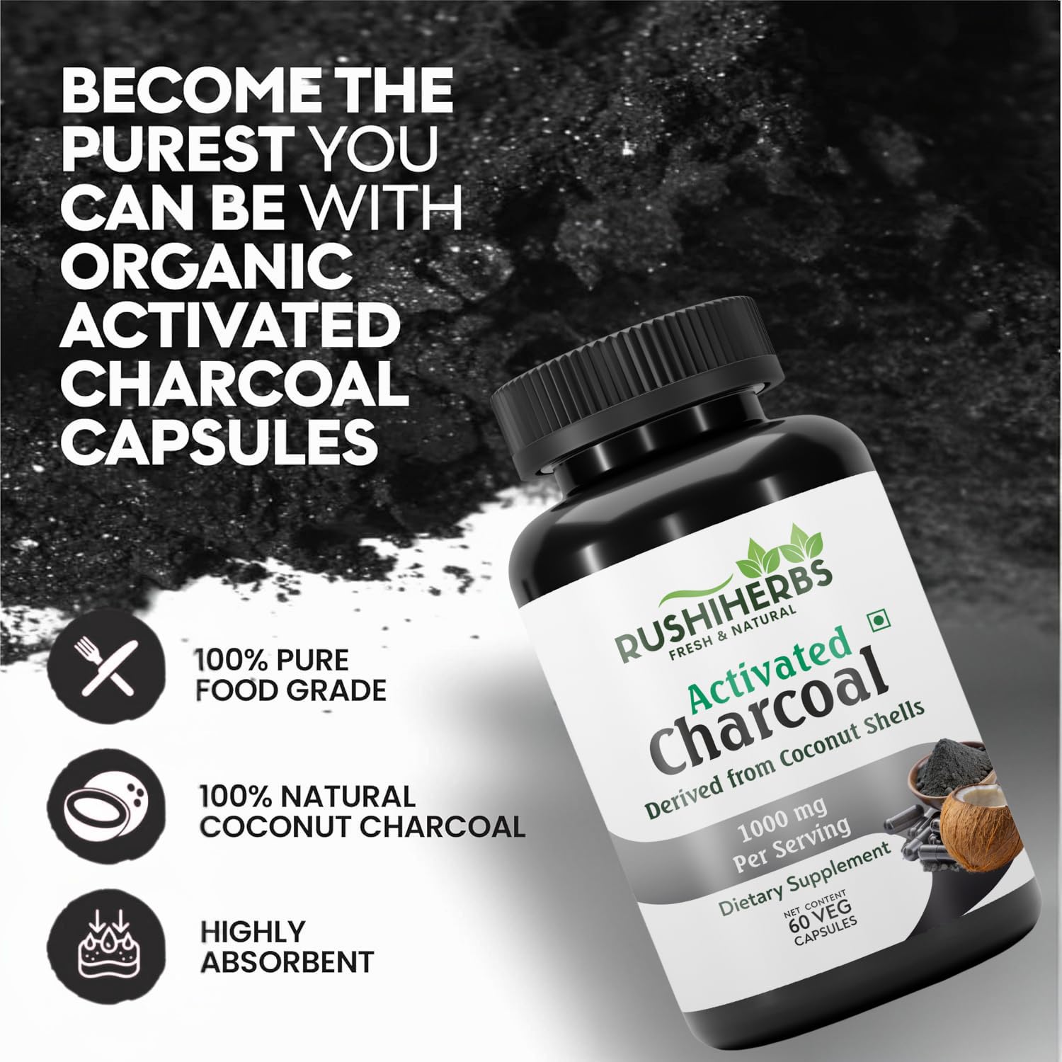 RUSHIHERBS Activated Charcoal capsules inside a package highlight 500mg per serving.
