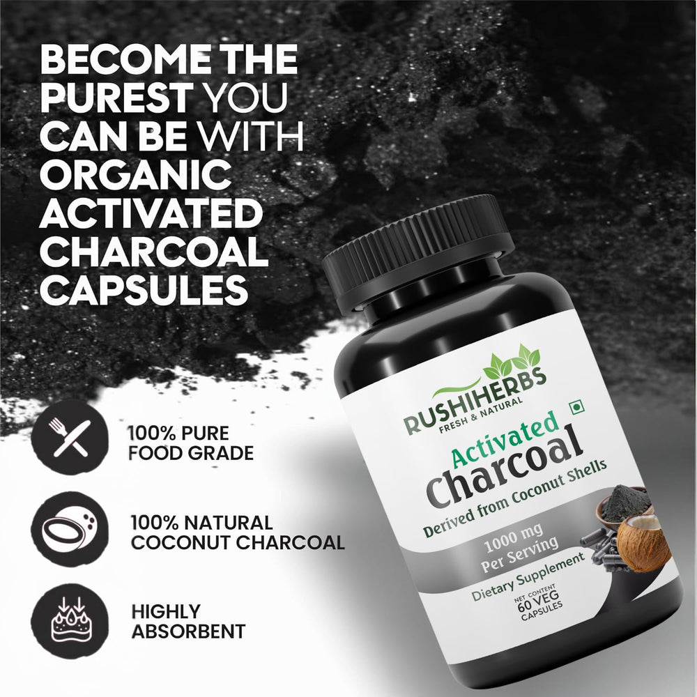 RUSHIHERBS Activated Charcoal capsules inside a package highlight 500mg per serving.