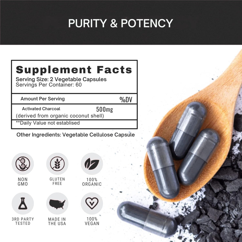 RUSHIHERBS Activated Charcoal bottle on the countertop demonstrates daily use.