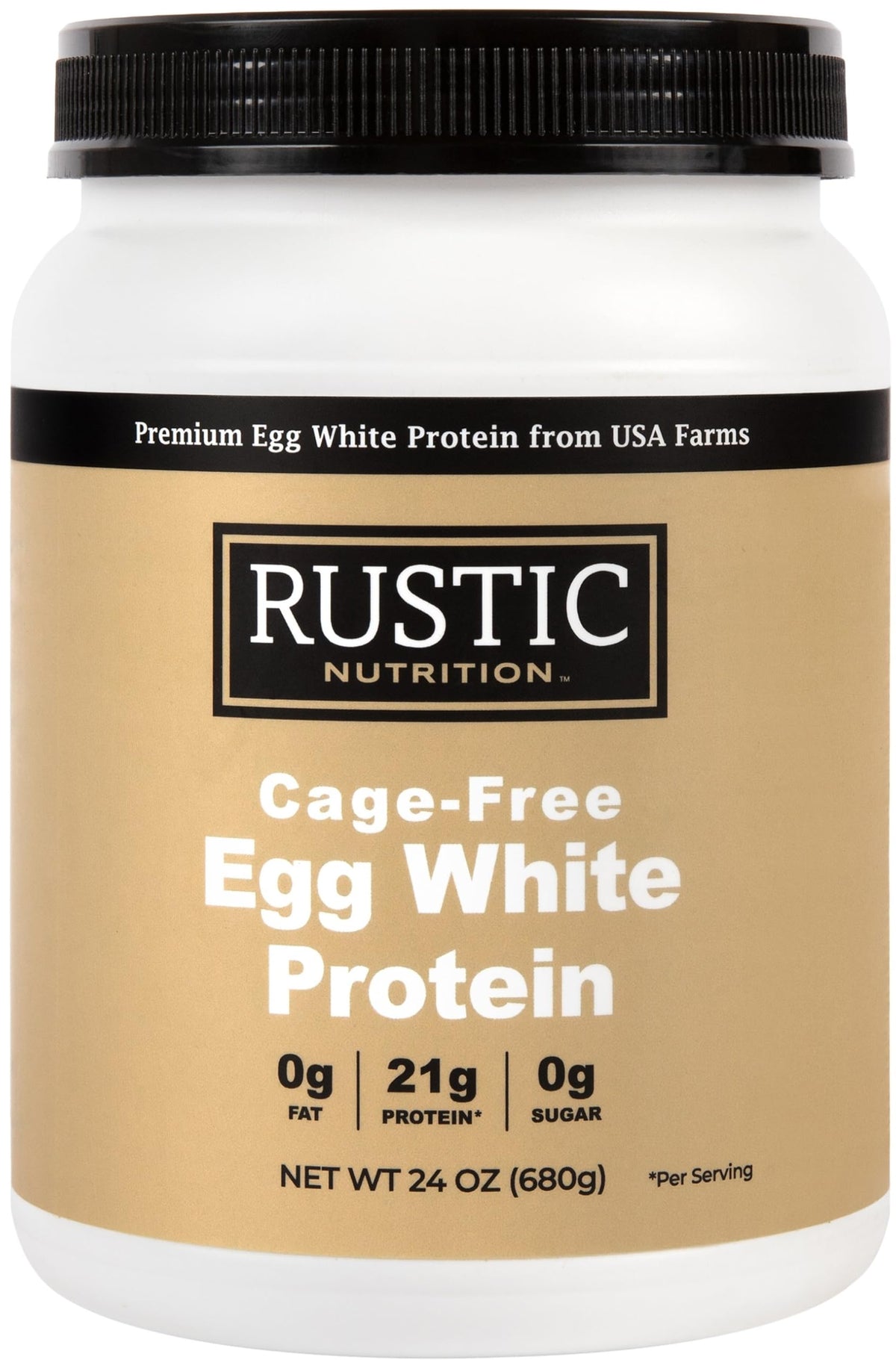 Rustic Nutrition egg white protein container label highlights high protein content