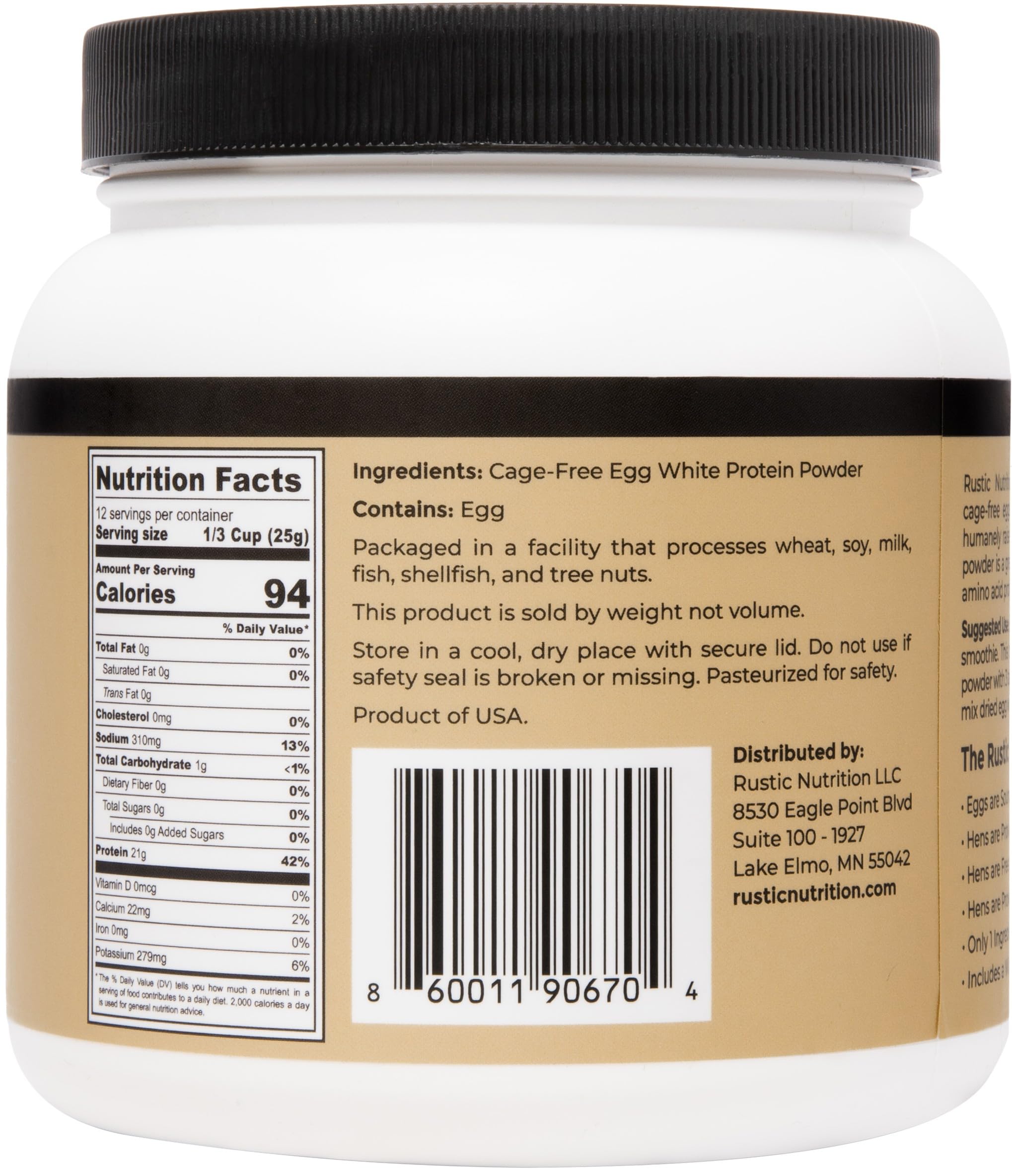 Rustic Nutrition egg white protein powder stored in a pantry container