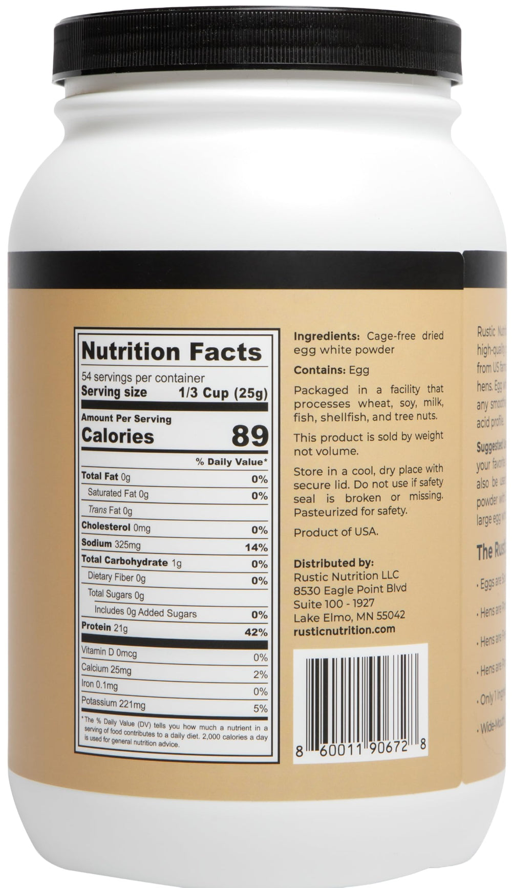 Rustic Nutrition egg white protein powder cage-free, pasteurized in USA facility.