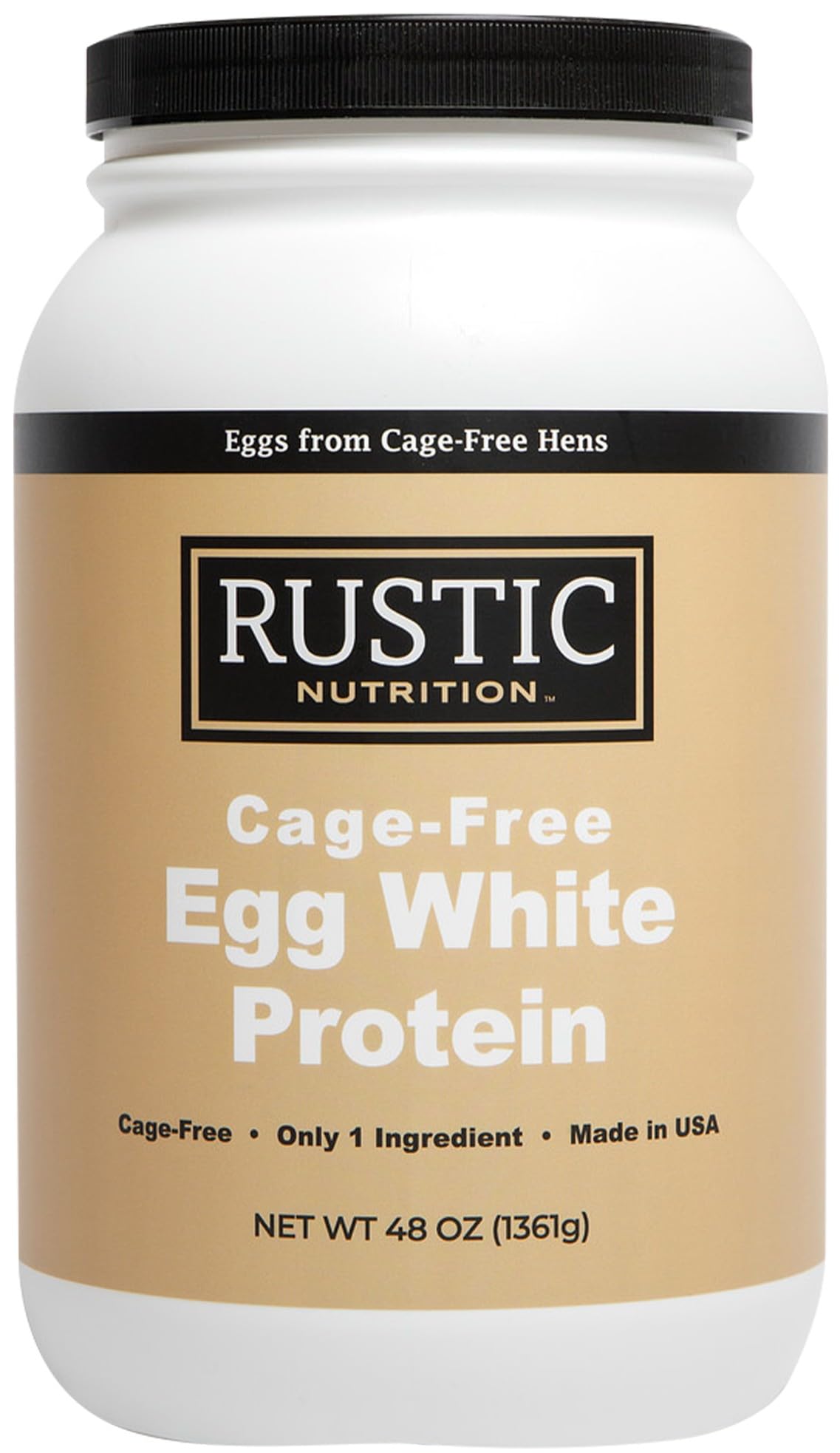 Rustic Nutrition egg white protein powder jar open, convenient protein from cage-free eggs.