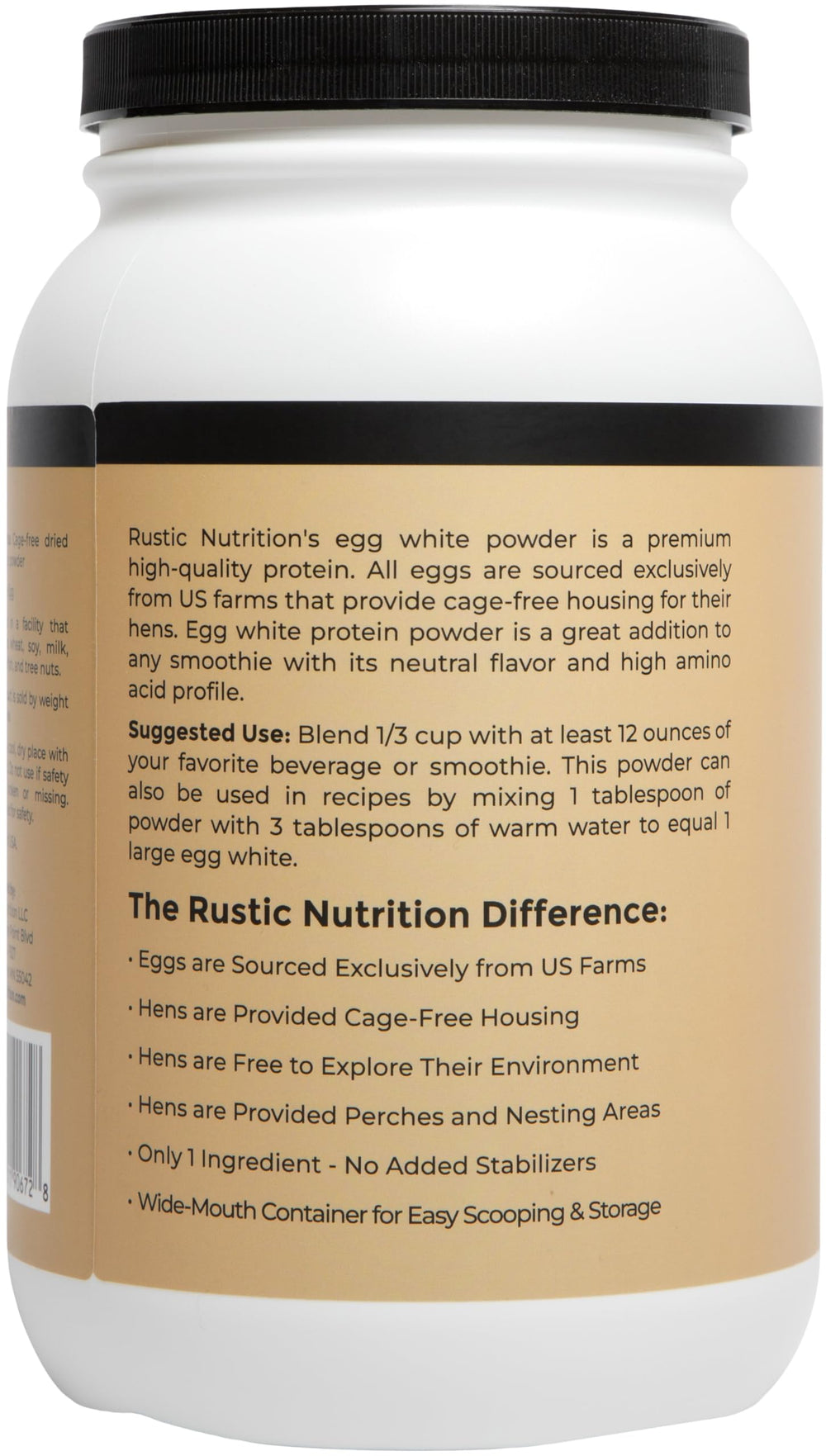 Rustic Nutrition egg white protein powder USA-sourced supporting humane farming.