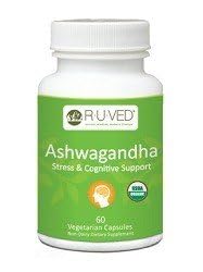 ruved Ashwagandha capsules bottle for daily adrenal support and calm focus.