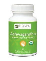 ruved Ashwagandha capsules bottle for daily adrenal support and calm focus.