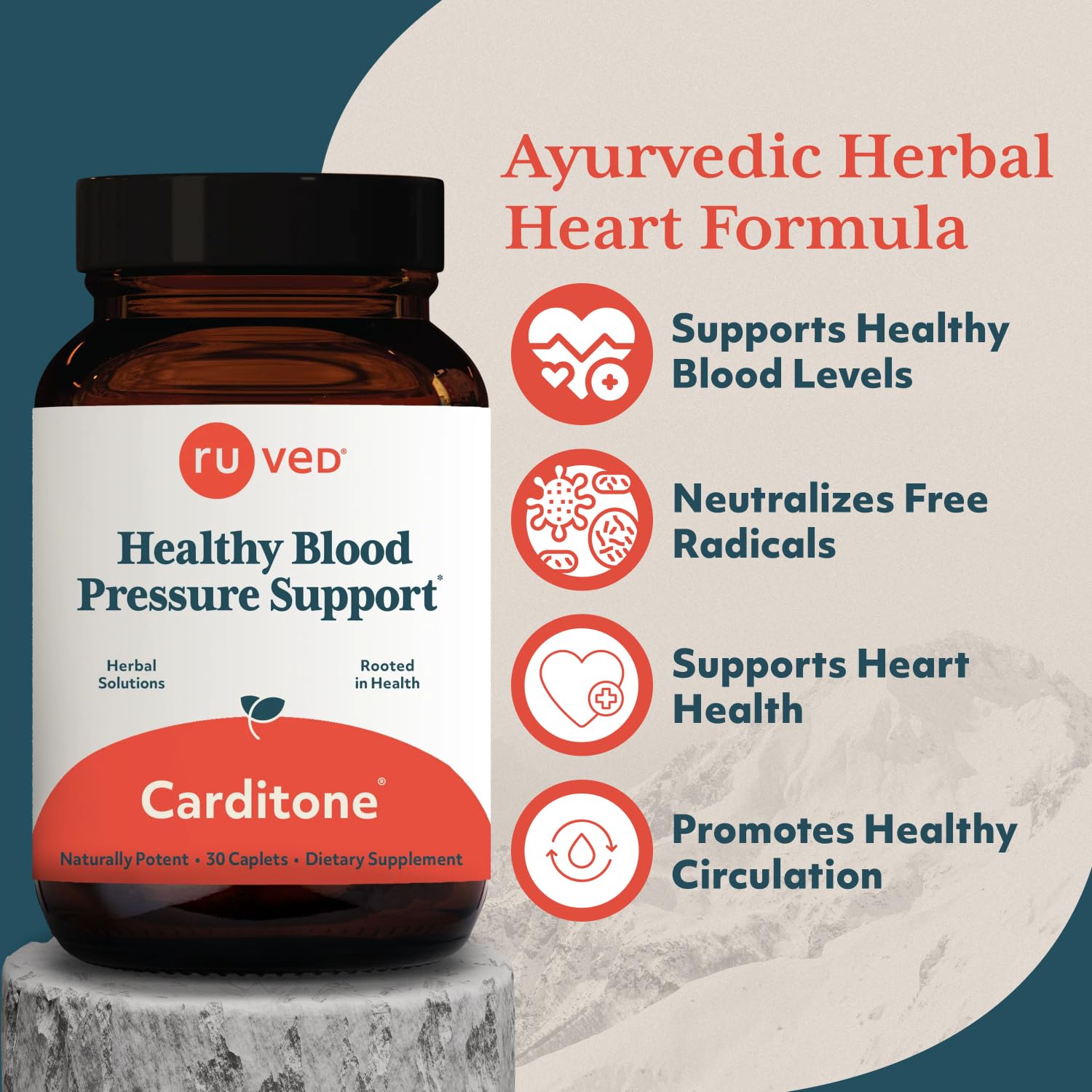 ruved Carditone caplets close-up, vegetarian capsules for daily wellness