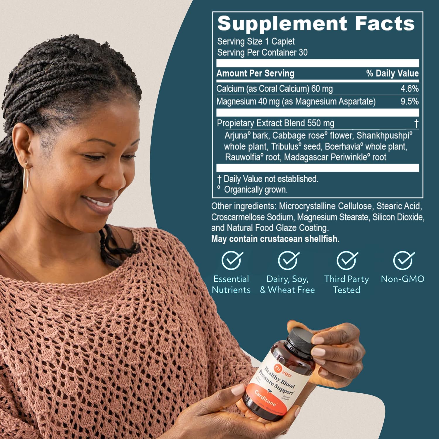ruved Carditone ingredients list featuring Rauwolfia and Arjuna for circulation