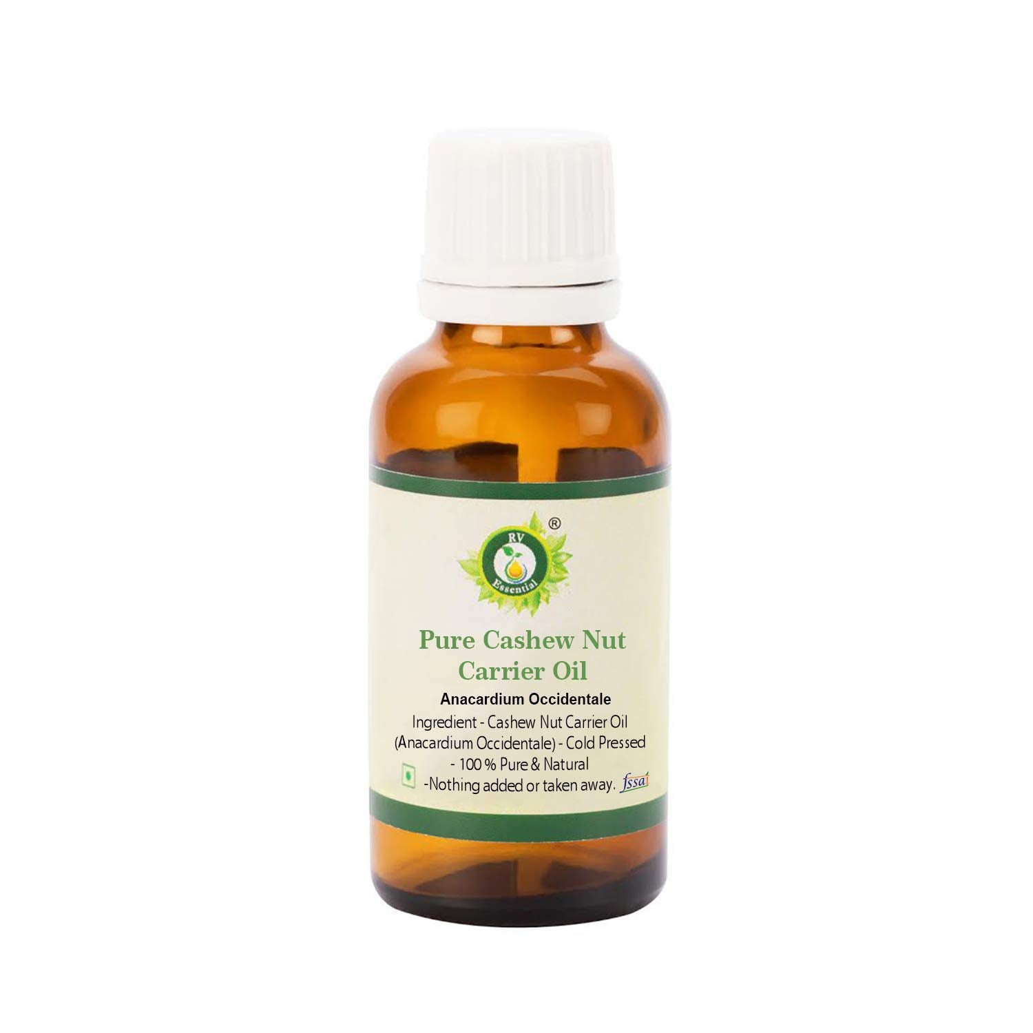 R V Essential cashew nut oil bottle close-up for purity and skin hydration.