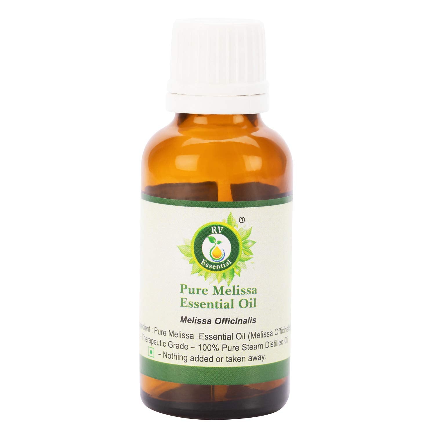 R V Essential Melissa essential oil bottle in amber glass, preserving purity for aromatic use.