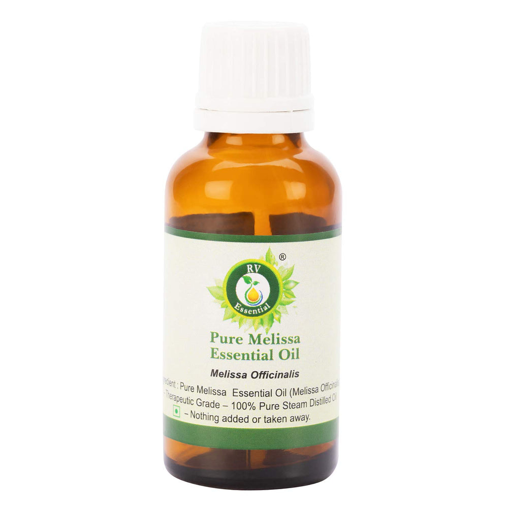 R V Essential Melissa essential oil bottle in amber glass, preserving purity for aromatic use.
