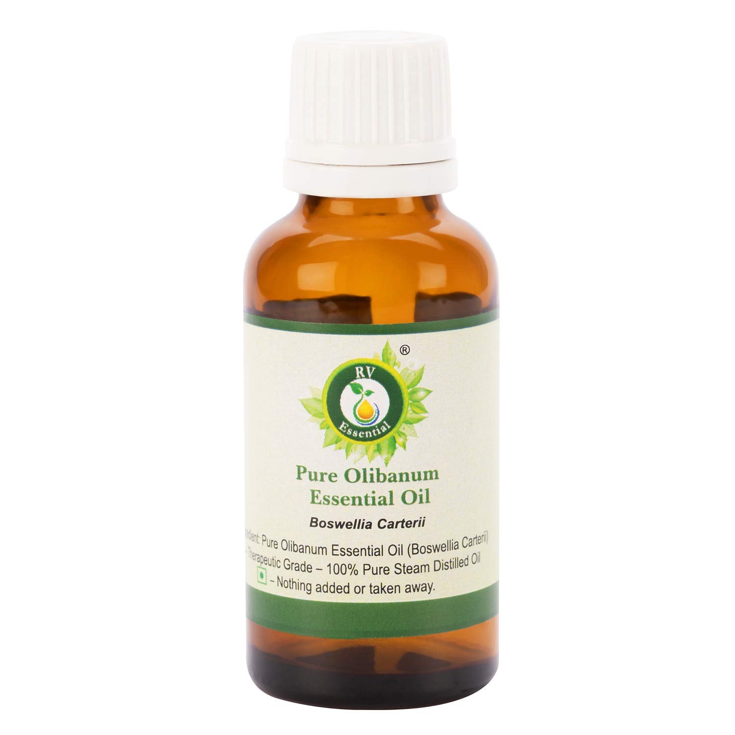 R V Essential Olibanum essential oil bottle ready for relaxation and skin care routines.
