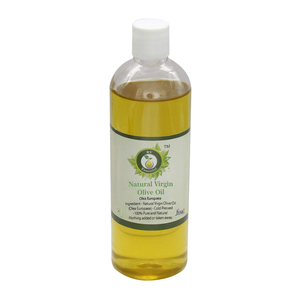 R V Essential olive oil in an amber bottle close-up for skin hydration.