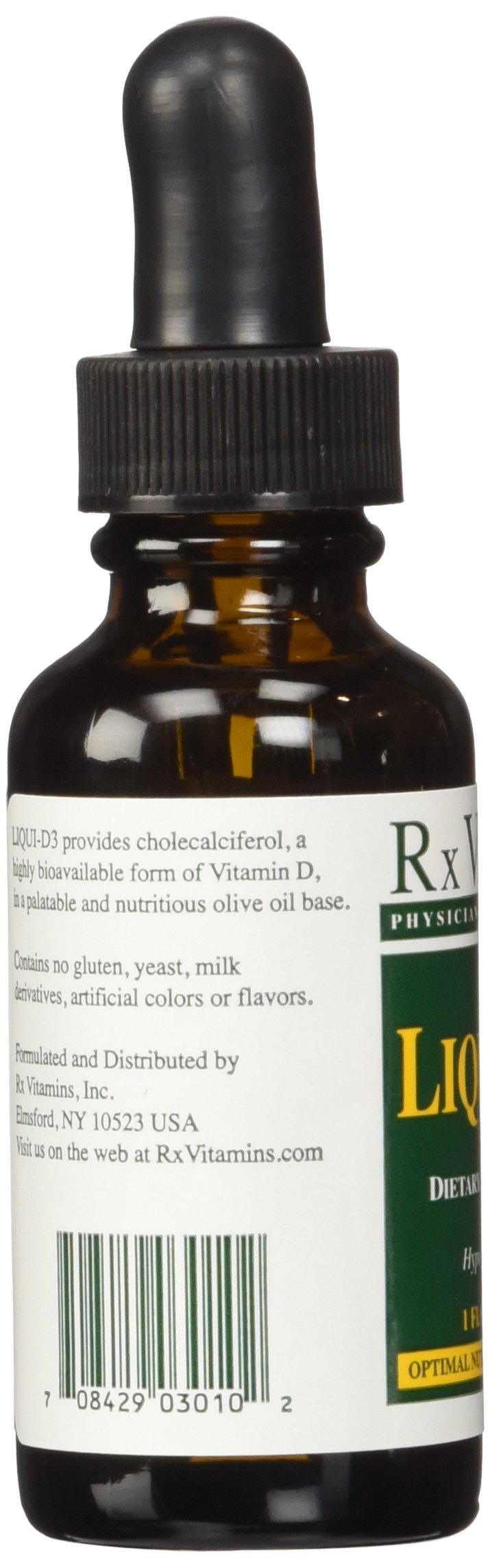 Rx Vitamins Liqui-D3 bottle resting on a kitchen counter.