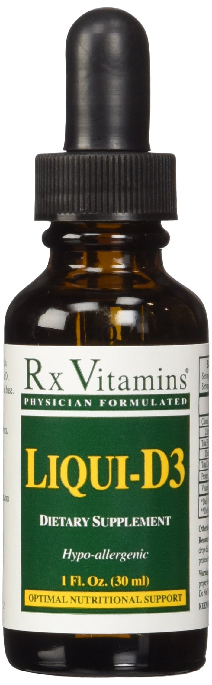Rx Vitamins Liqui-D3 bottle with olive oil base and dropper for easy dosing.