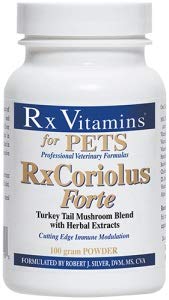 Rx Vitamins RxCoriolus Forte bottle label highlighting immune support for pets.