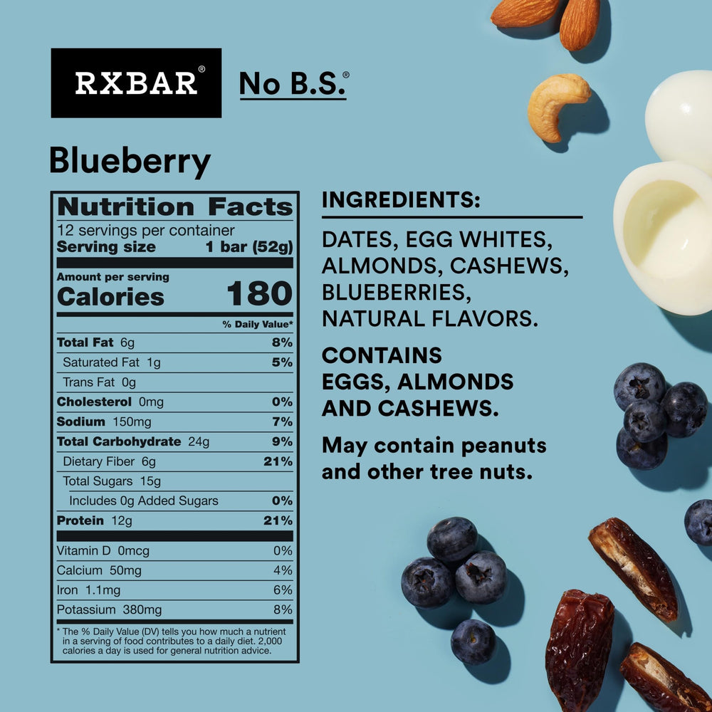 RXBAR blueberry bar closeup highlights egg whites for protein and wholesome texture.