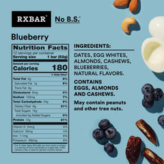 RXBAR blueberry bar closeup highlights egg whites for protein and wholesome texture.
