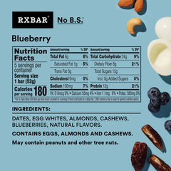 RXBAR Blueberry bar packaging highlighting gluten-free, no-B.S. formula