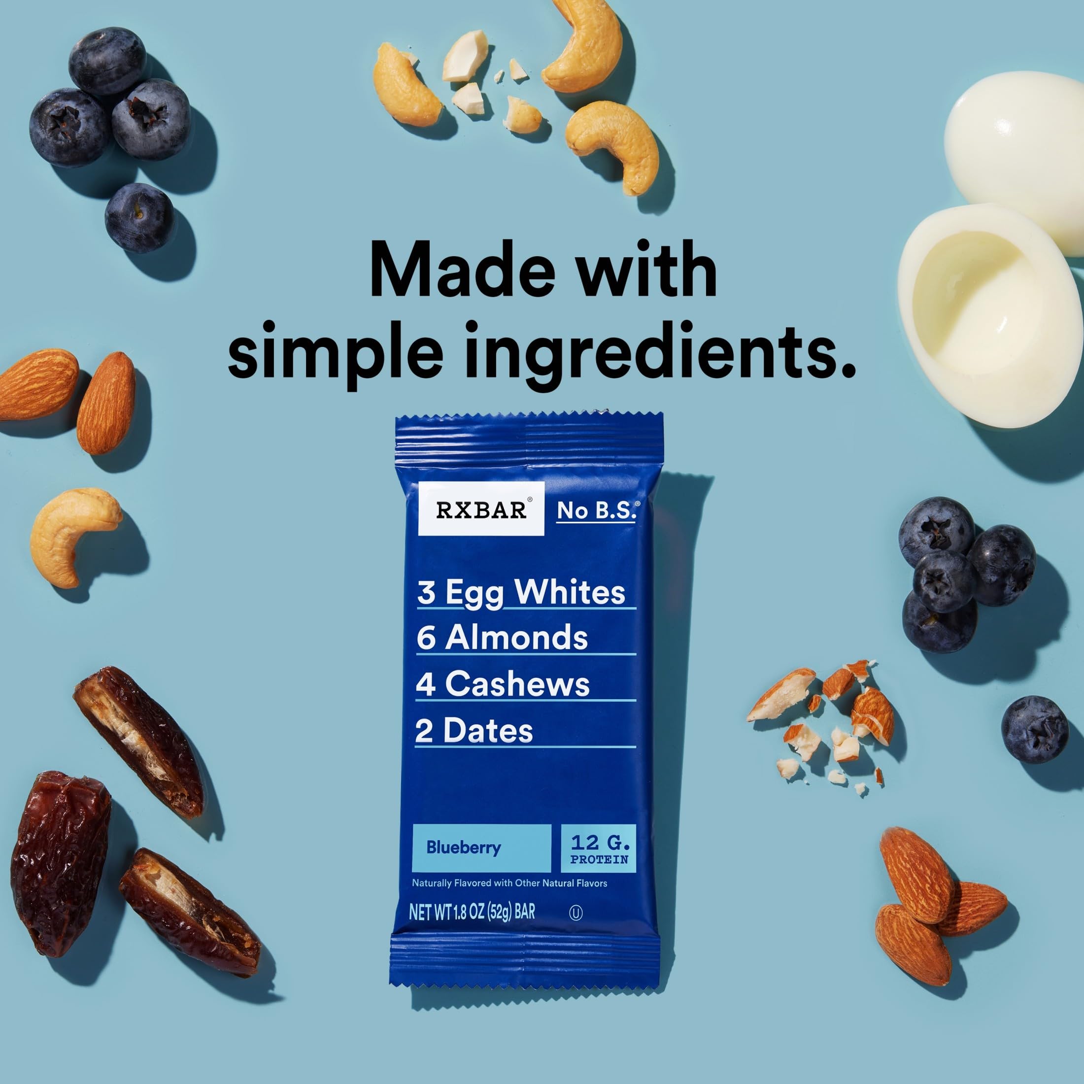 RXBAR ingredients display eggs, almonds, cashews, and dates for recognizable nutrition.
