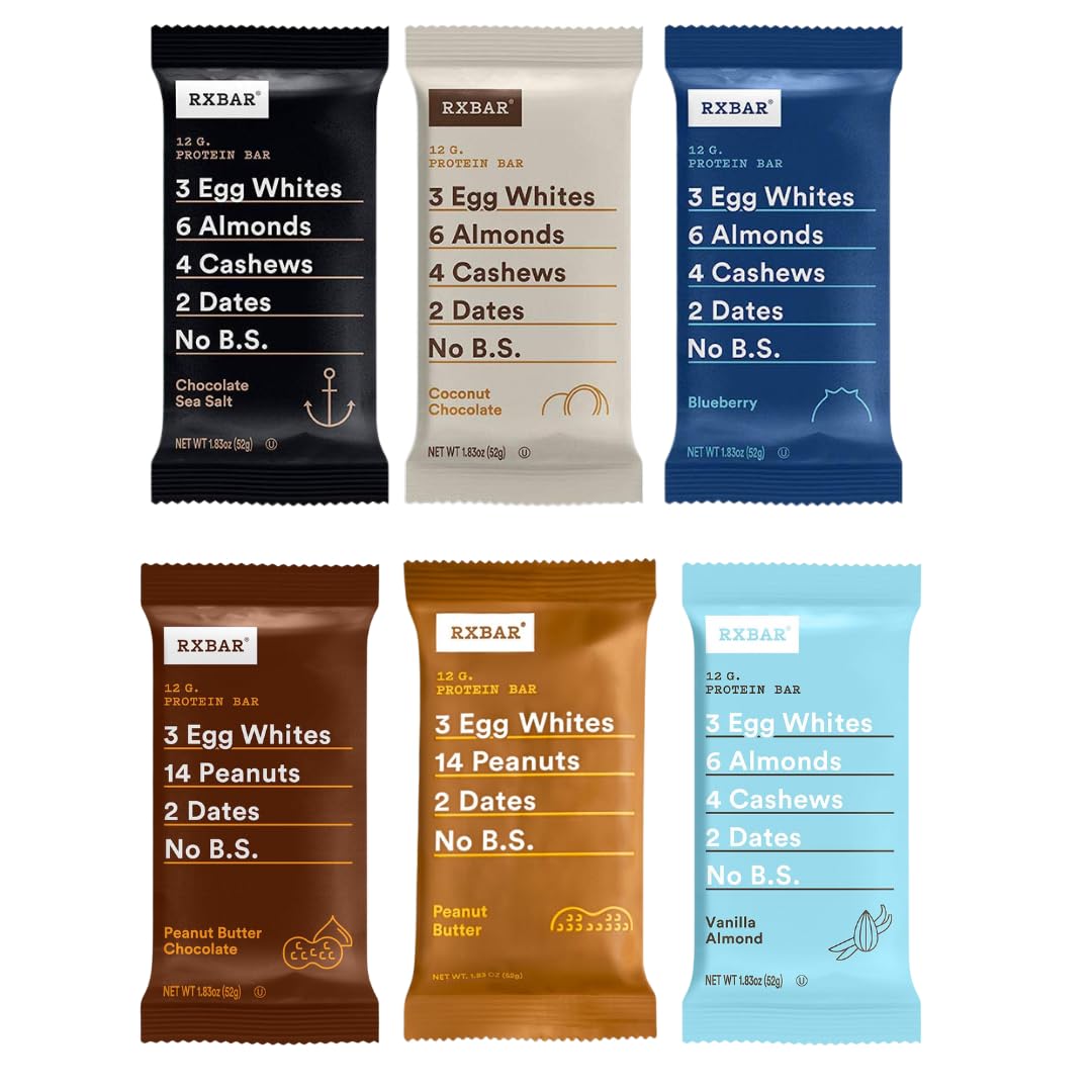 RXBAR Real Food Protein Bar variety pack, gluten-free, 1.83 oz bars for on-the-go snacking.