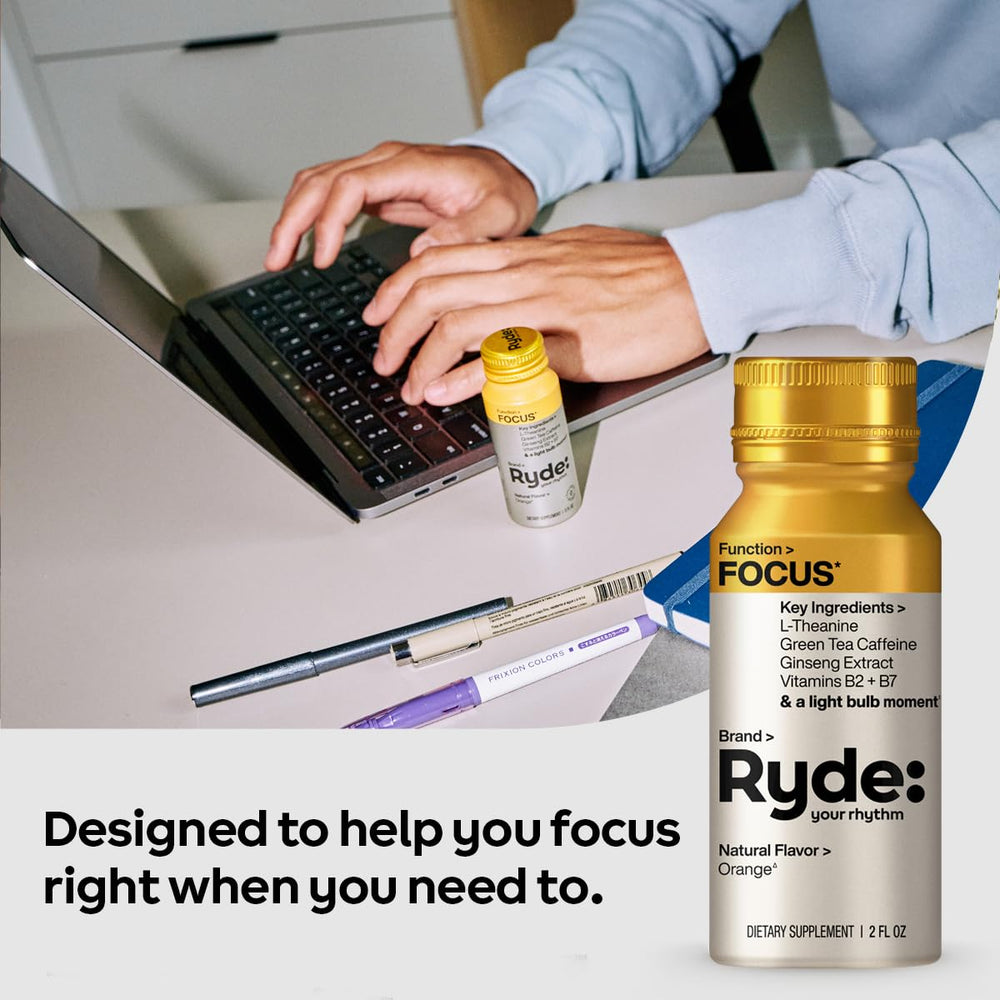 Ryde Focus Shot 2oz bottle close-up for on-the-go use.