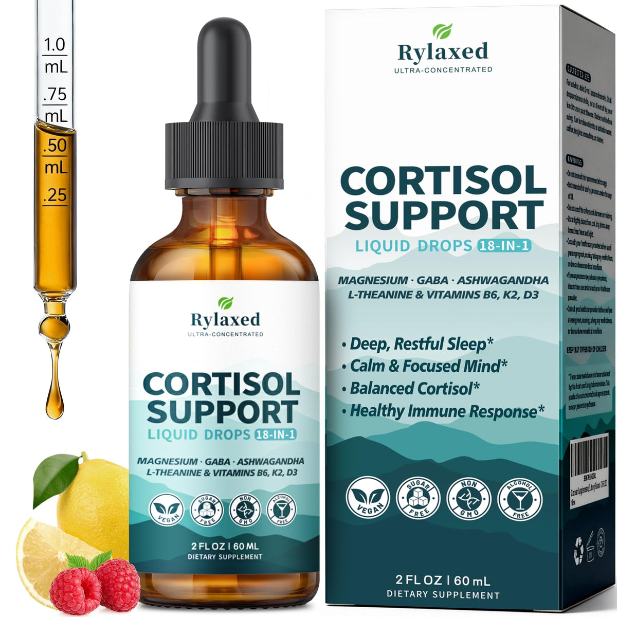 Rylaxed Cortisol Drops bottle with lemon raspberry flavor for calm daily use.