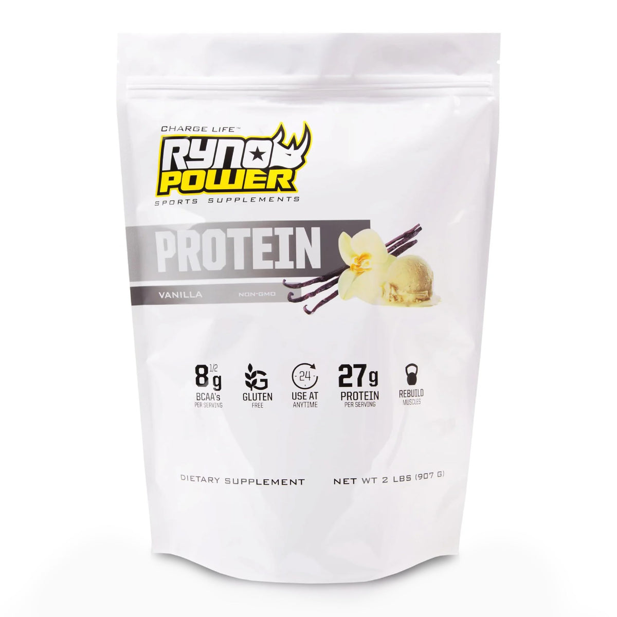 Ryno Power vanilla whey protein bag front view, premium protein for daily workouts.