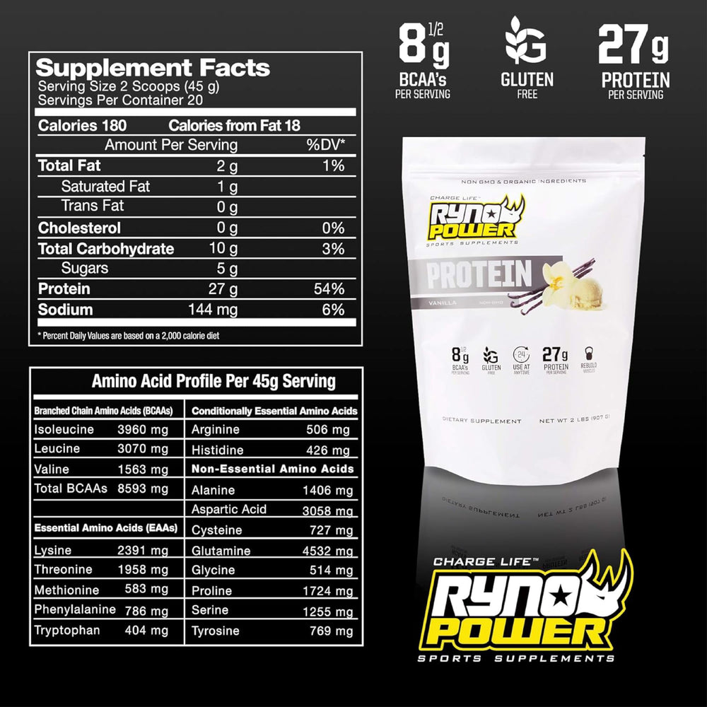 Ryno Power vanilla protein labeling emphasizes 8.5g BCAAs per serving.