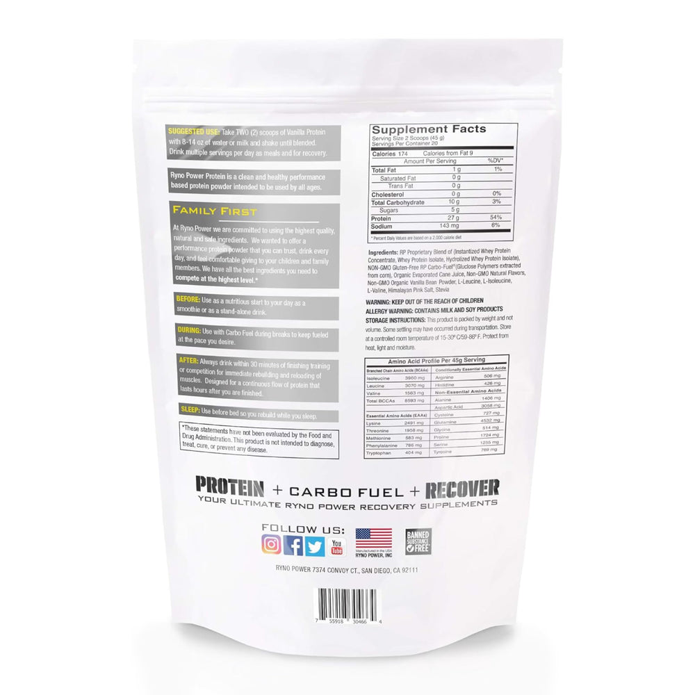 Ryno Power vanilla whey protein tub label highlights non-GMO and clean ingredients.