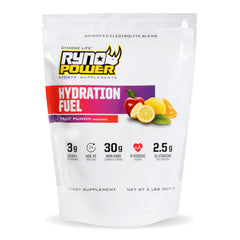 Ryno Power Hydration bottle front shows Fruit Punch flavor for energy on the go.
