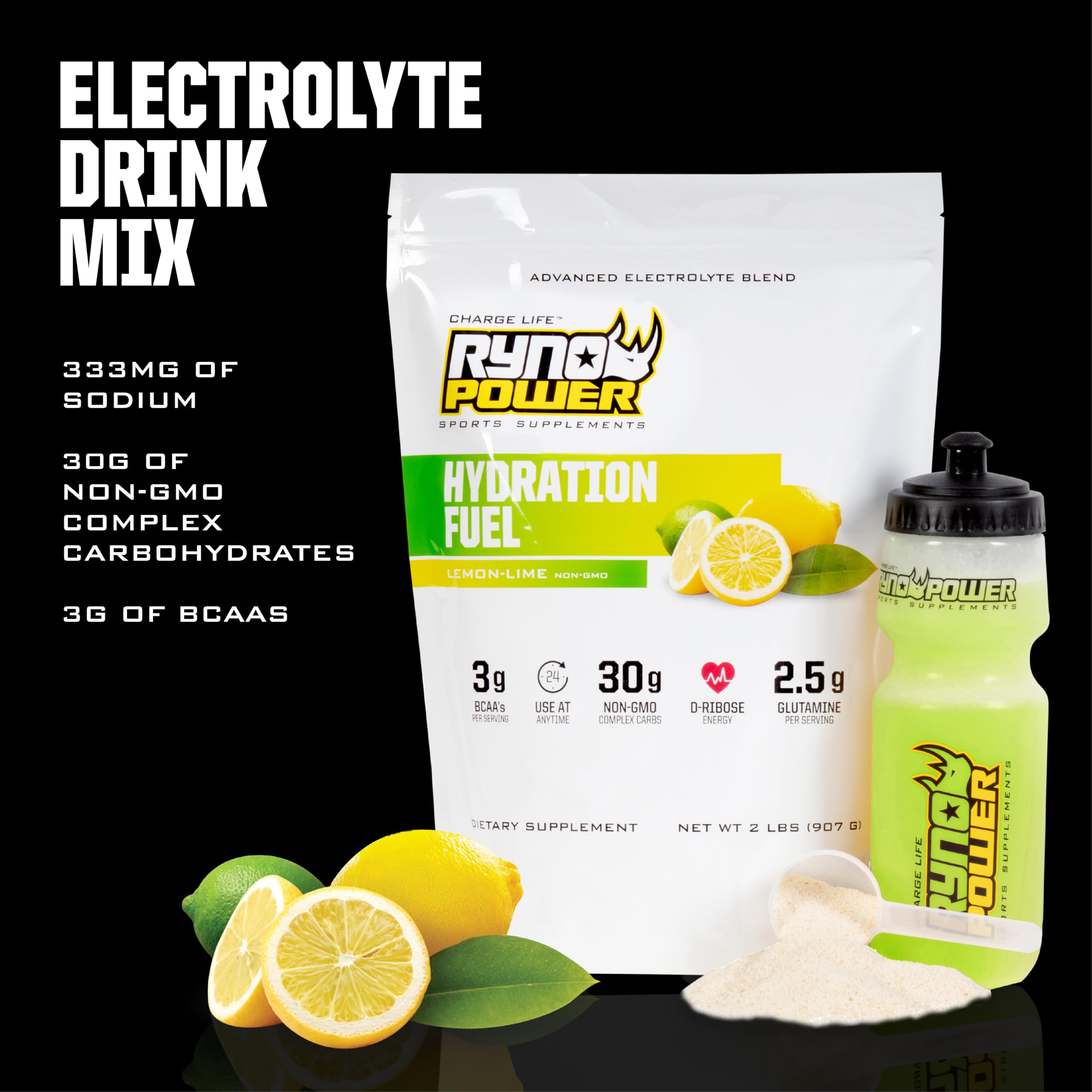 Ryno Power Hydration Fuel label highlights BCAA and carbs for workouts