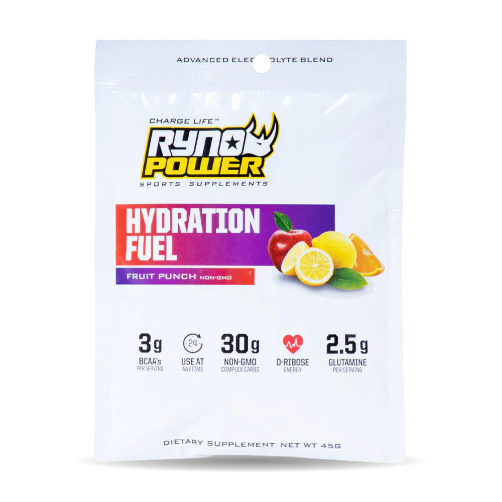 Ryno Power Hydration Fuel single-serving bags ready to mix before training.