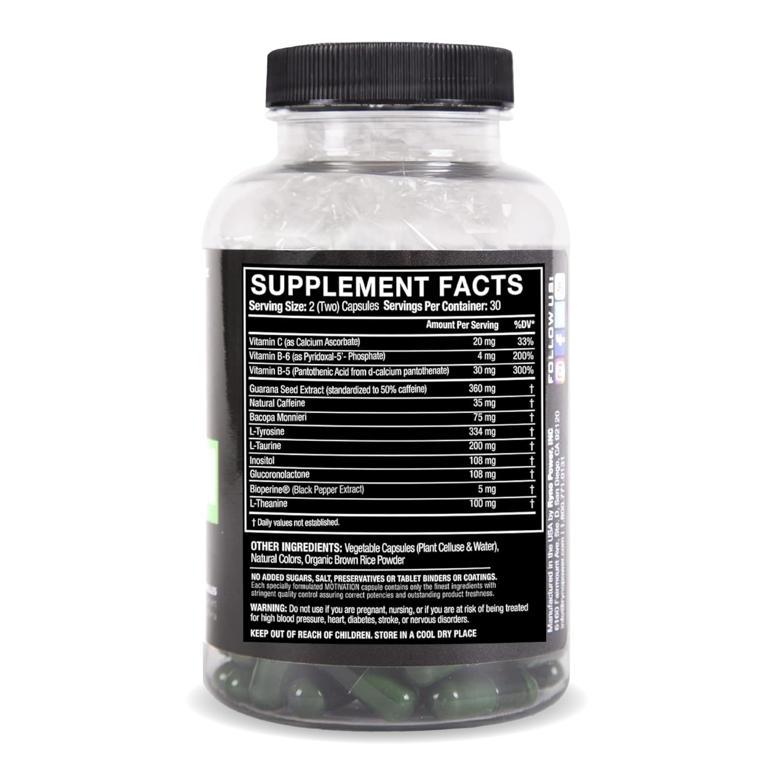 Ryno Power Motivation bottle and capsules shown for easy, on-the-go energy.