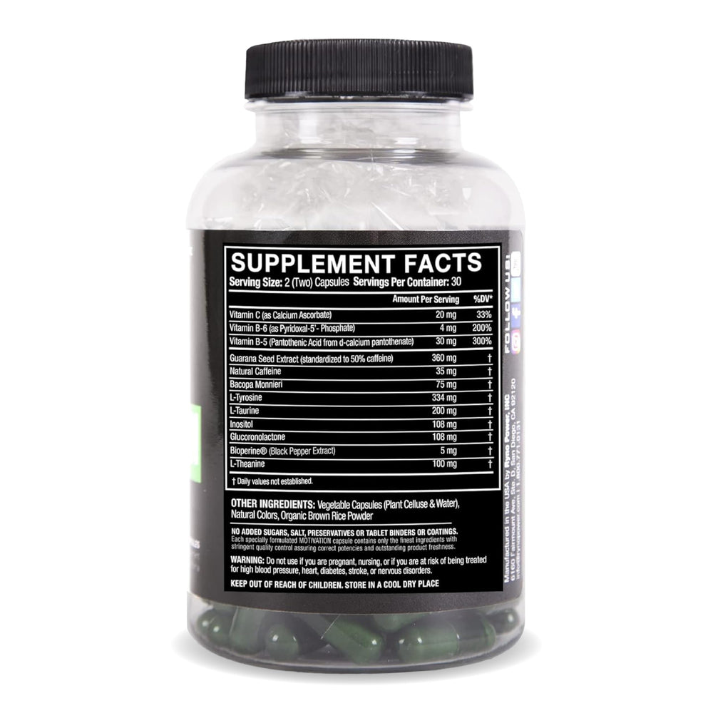 Ryno Power Motivation bottle and capsules shown for easy, on-the-go energy.