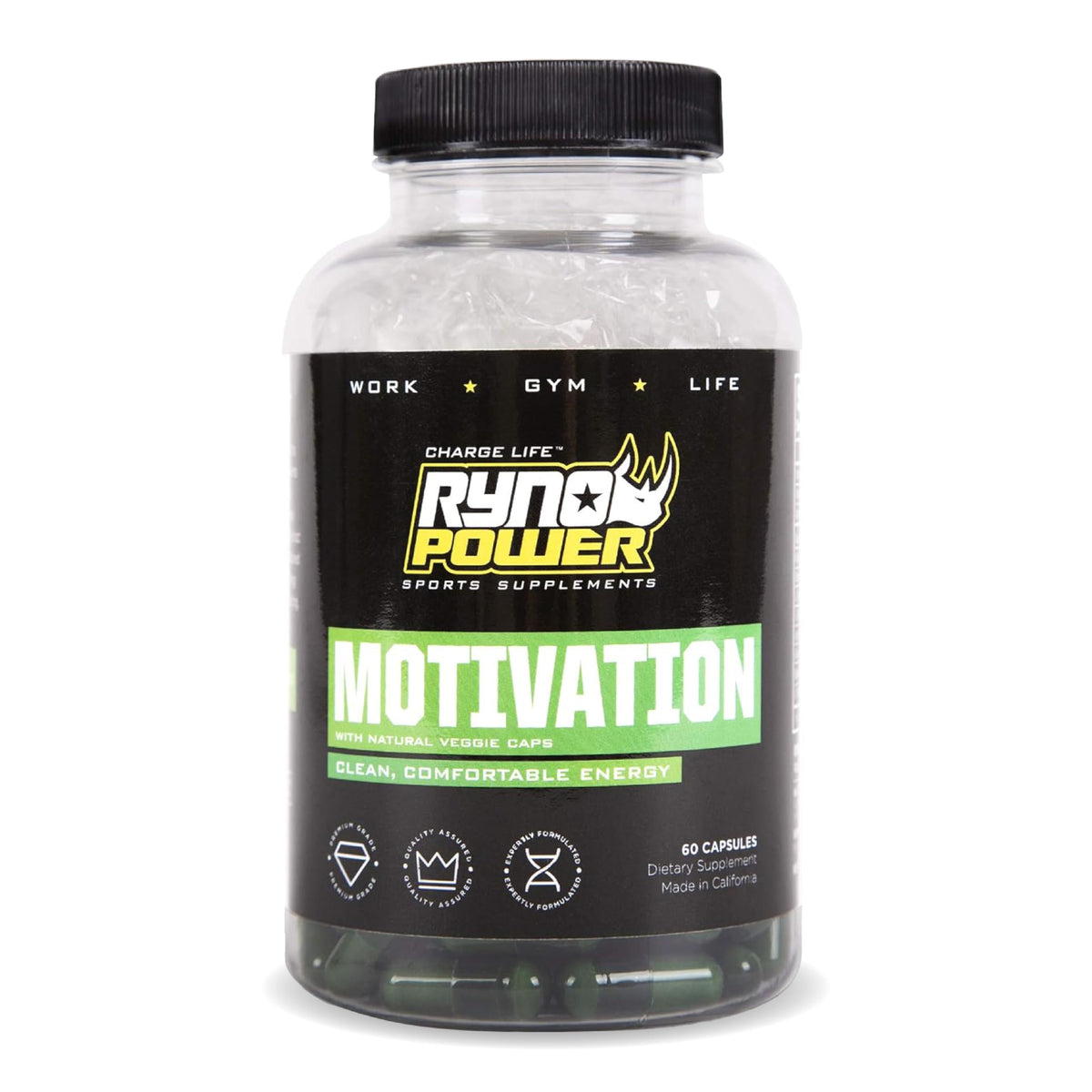 Ryno Power Motivation pre-workout capsules in a bottle offer focused training support.