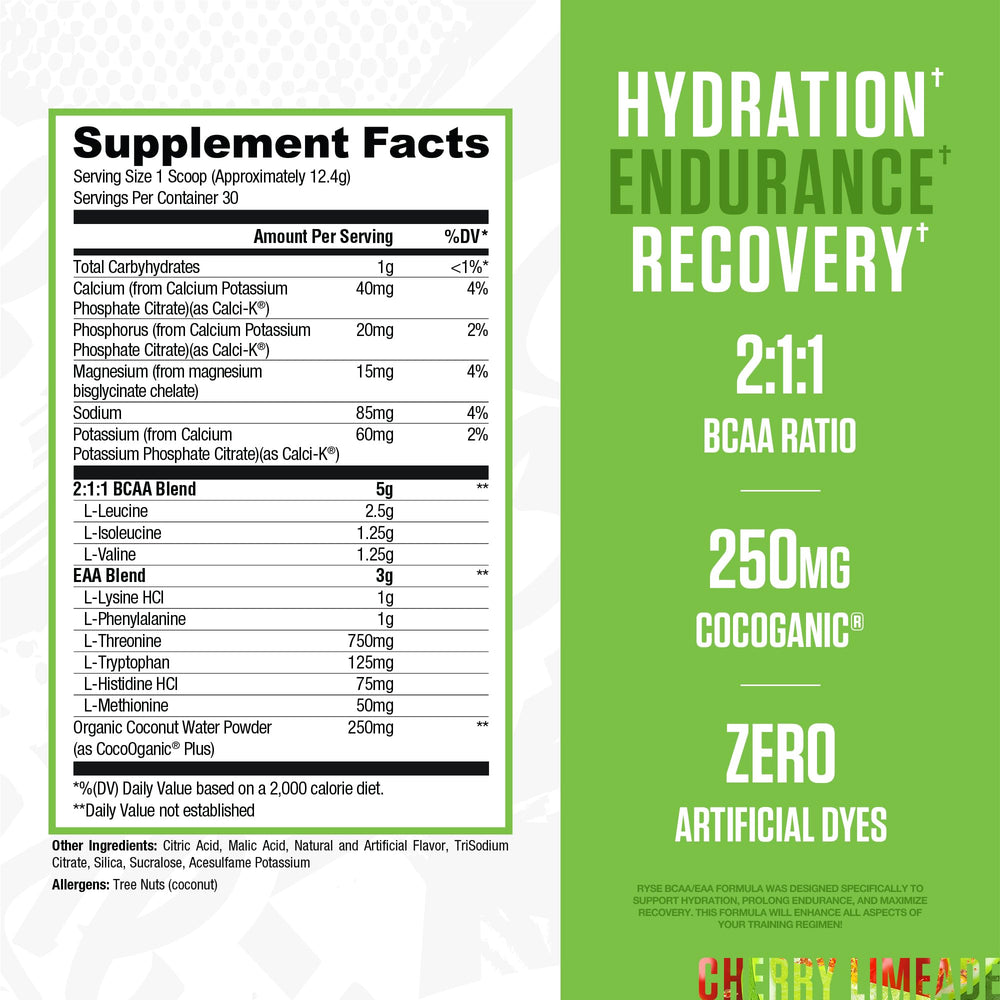 RYSE BCAA EAA Powder scoop shows precise amino-acid dose for training