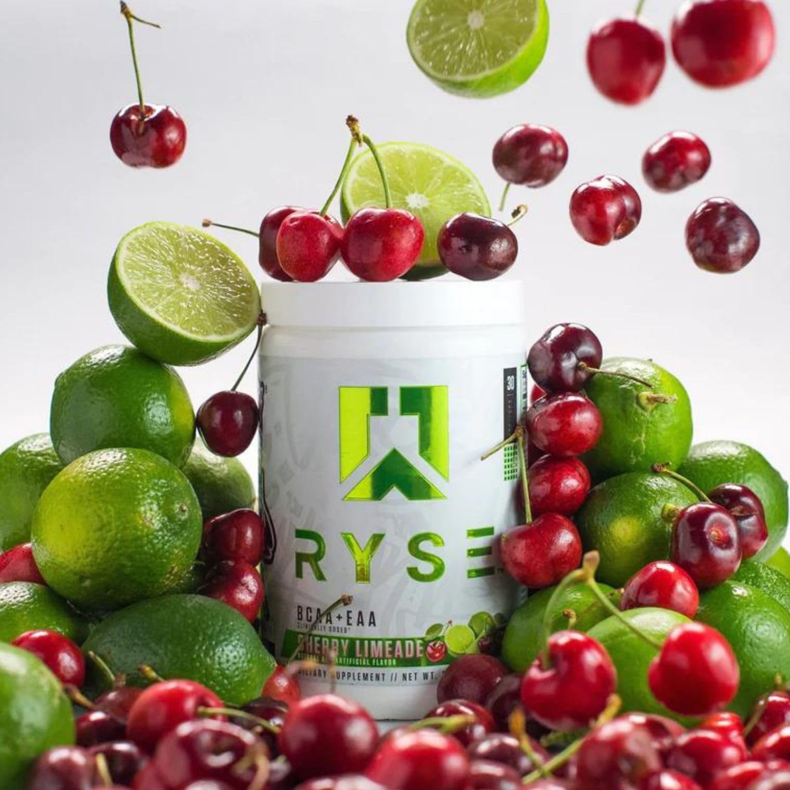 RYSE BCAA EAA Powder ready-to-drink glass shows sugar-free flavor