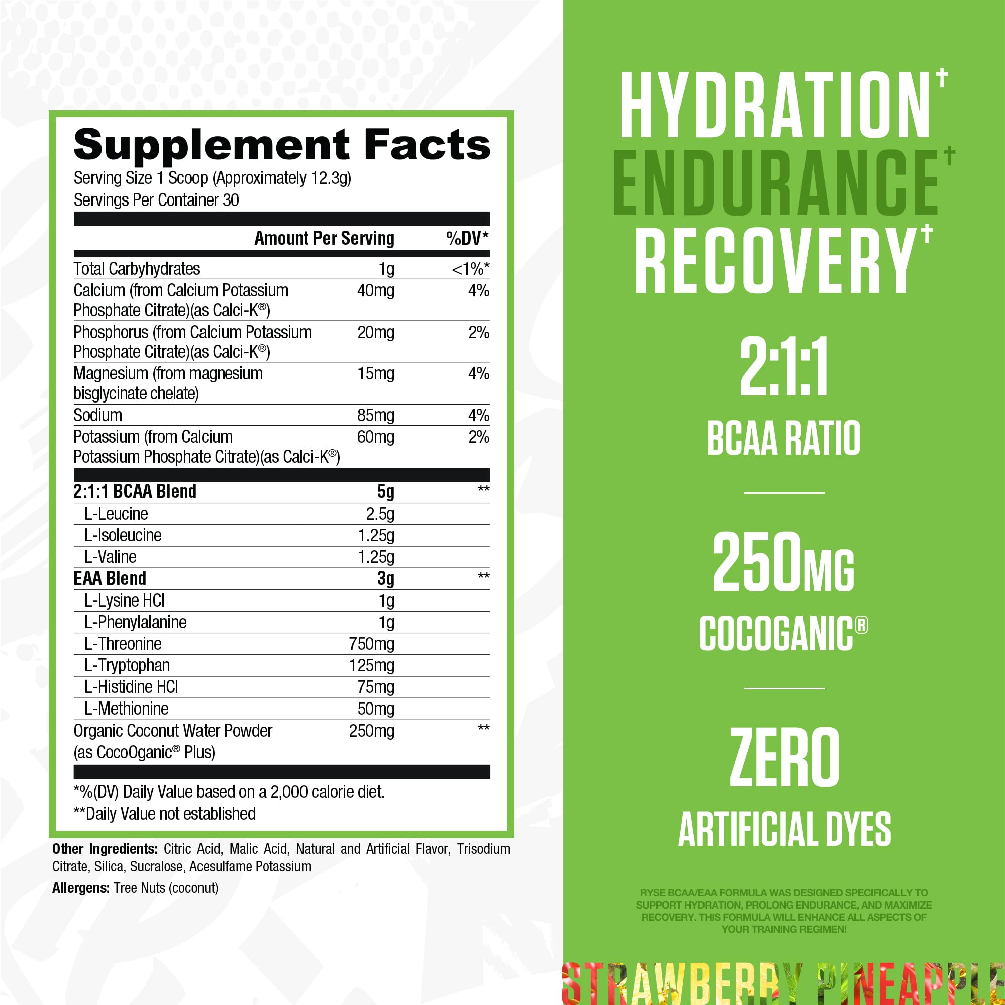 Scoop of RYSE BCAA EAA powder measuring 5g BCAAs and 3g EAAs for training.