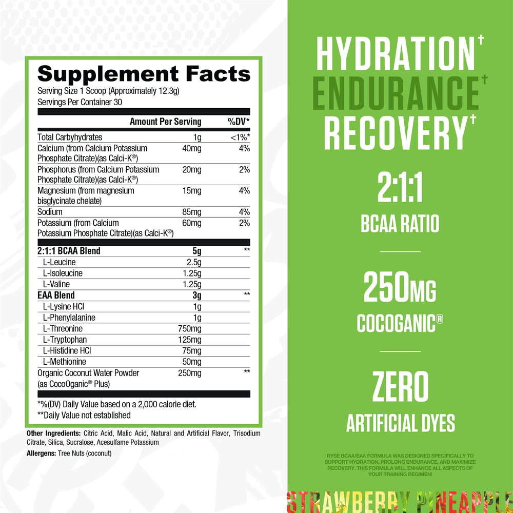 Scoop of RYSE BCAA EAA powder measuring 5g BCAAs and 3g EAAs for training.