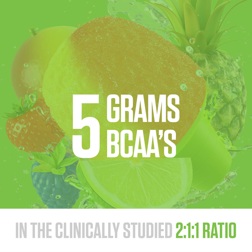 RYSE BCAA EAA Powder Tropical SnoCone mixing glass showing fast-dissolving formula in action