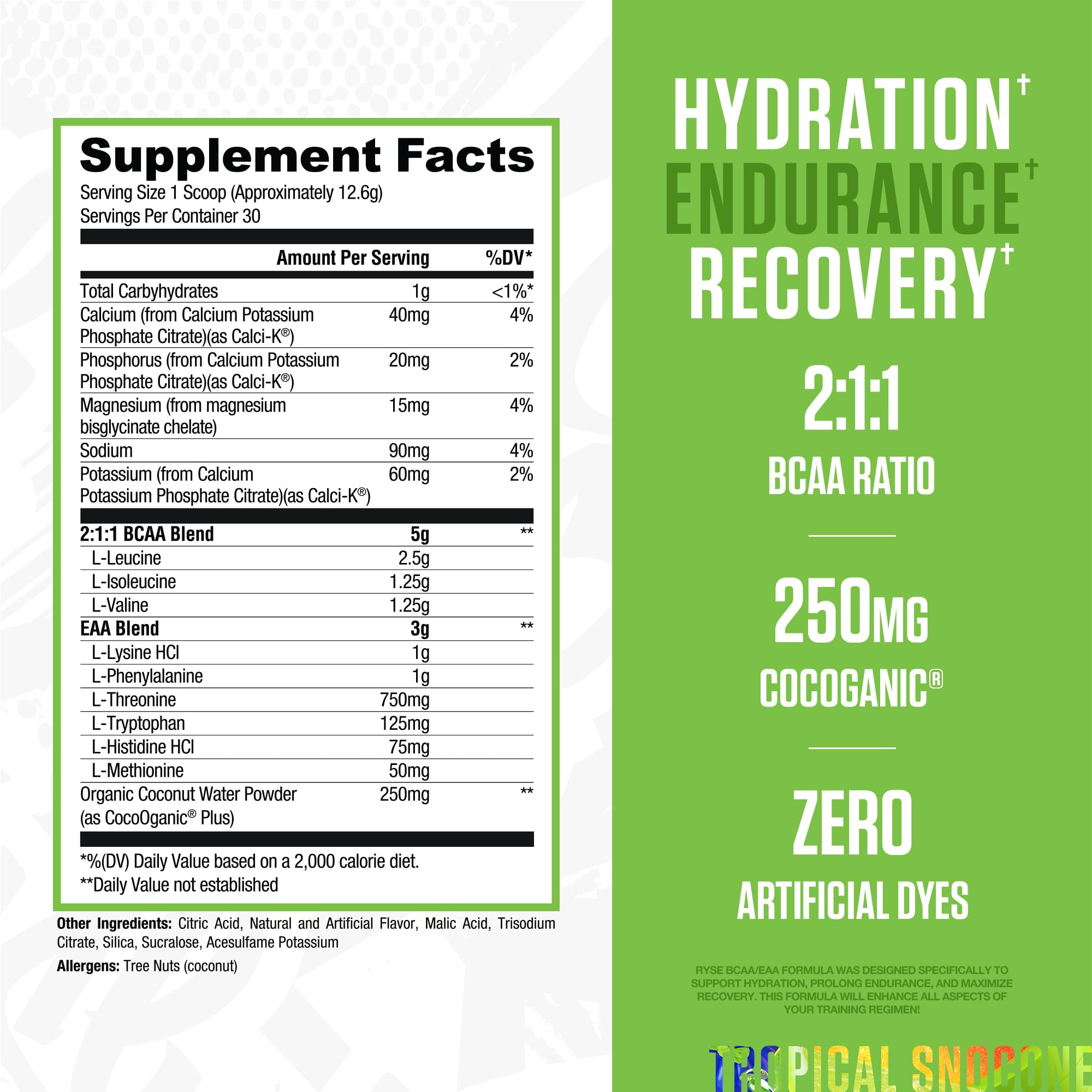 RYSE BCAA EAA Powder Tropical SnoCone scoop for precise pre- and post-workout portions