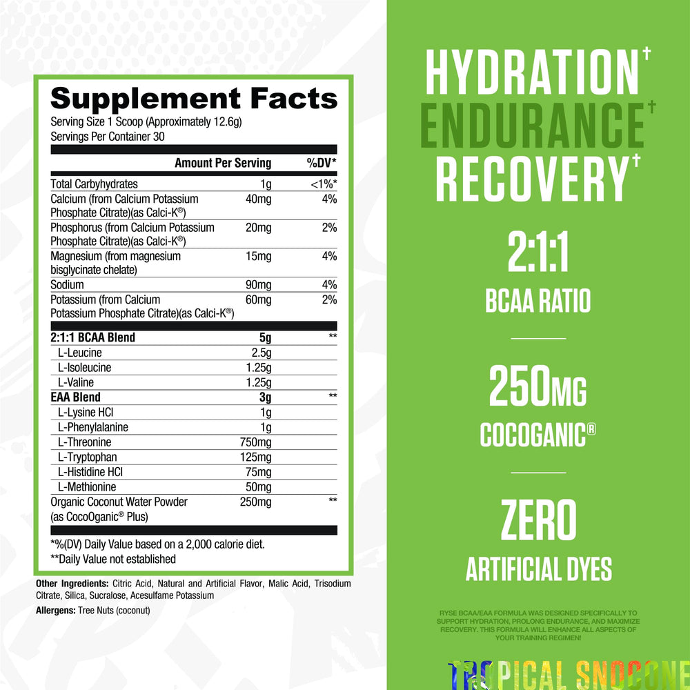 RYSE BCAA EAA Powder Tropical SnoCone scoop for precise pre- and post-workout portions