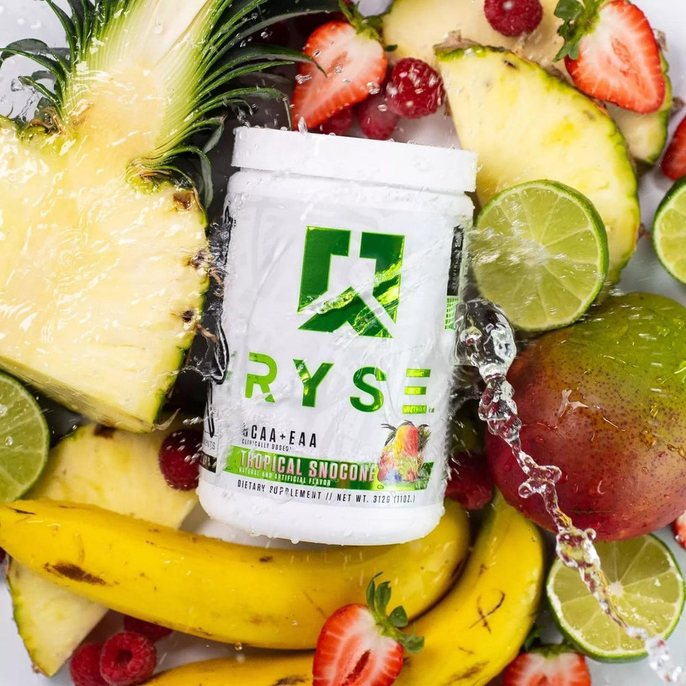 RYSE BCAA EAA Powder Tropical SnoCone sugar-free label highlighting zero sugar