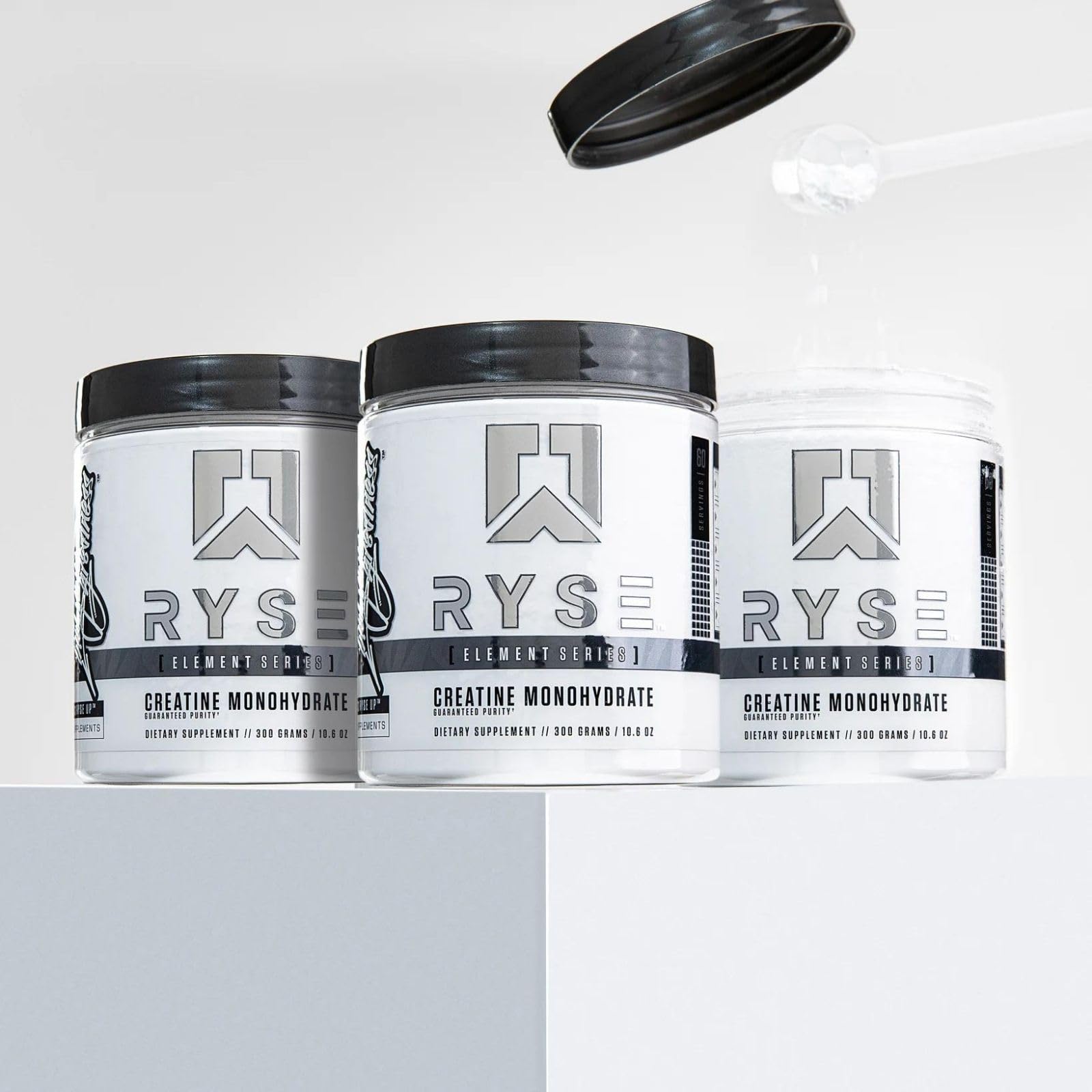 RYSE Creatine Monohydrate on counter suggests easy post-workout use.