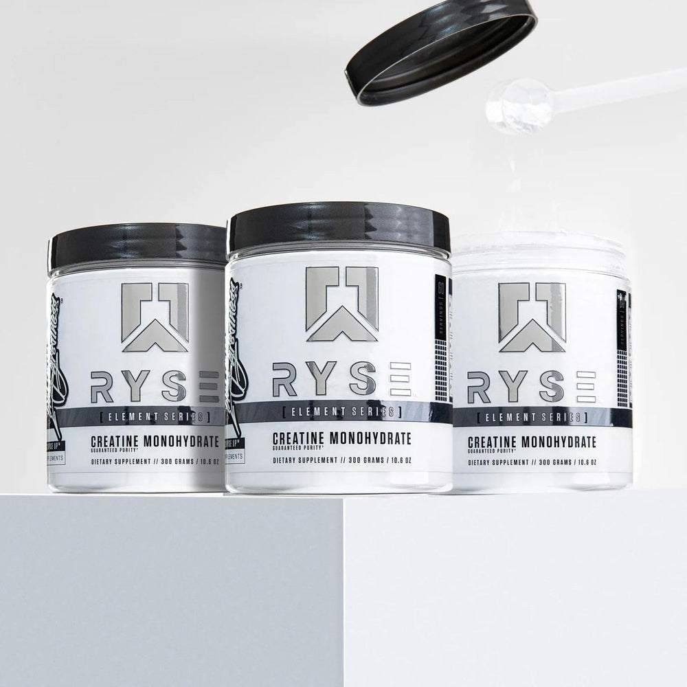 RYSE Creatine Monohydrate on counter suggests easy post-workout use.